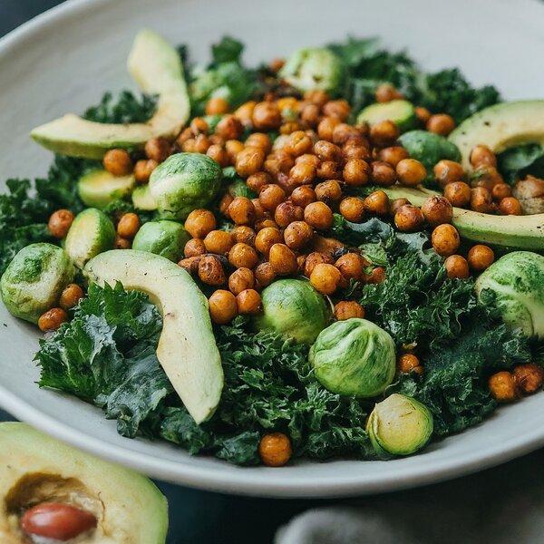 Crispy Chickpea, Kale, and Brussels Sprout Mediterranean Salad for Healthy Blood Pressure