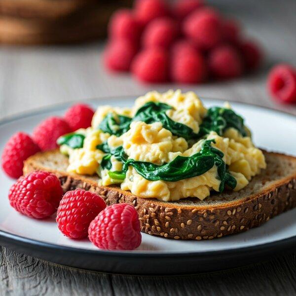 Mediterranean Diet Recipe: Spinach & Egg Scramble with Whole-Grain Toast and Fresh Raspberries