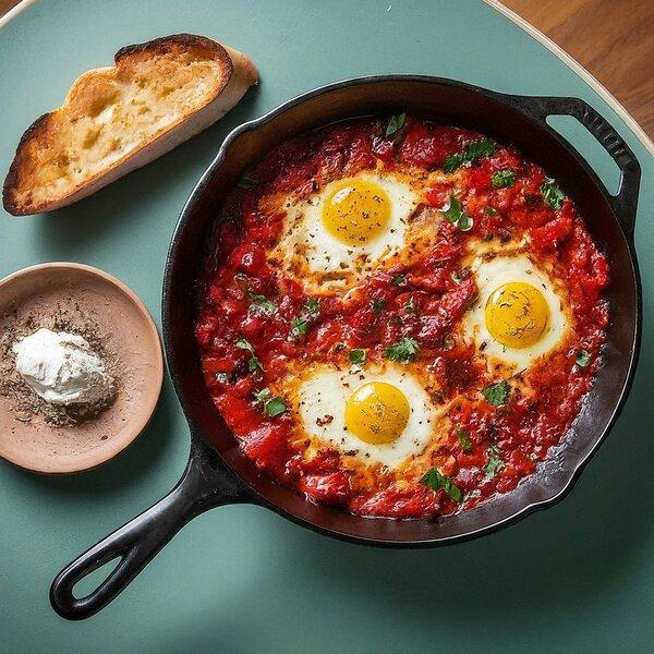 Mediterranean Diet Recipe: Savory Tomato Sauce with Eggs, Chickpeas, and Spinach For Heart Health