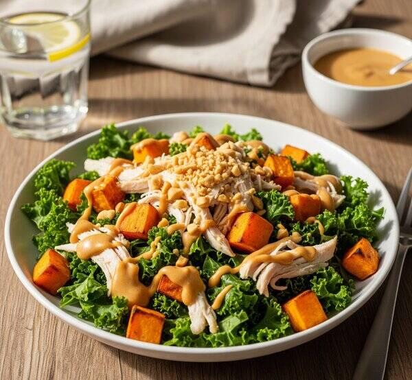DASH Diet Chicken Salad with Kale, Sweet Potato & Low Sodium Dressing