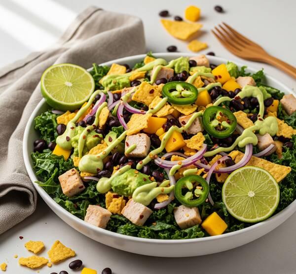 Flavor-Packed Low Sodium Taco Salad with Chicken, Kale & Creamy Jalapeño-Avocado Dressing (DASH Diet Approved)