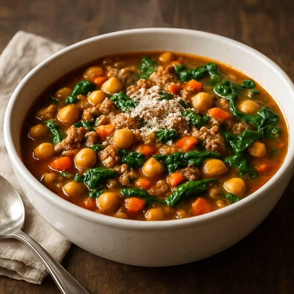 Hearty Chickpea Stew with Spinach & Ground Turkey (Low Sodium + DASH Diet friendly)
