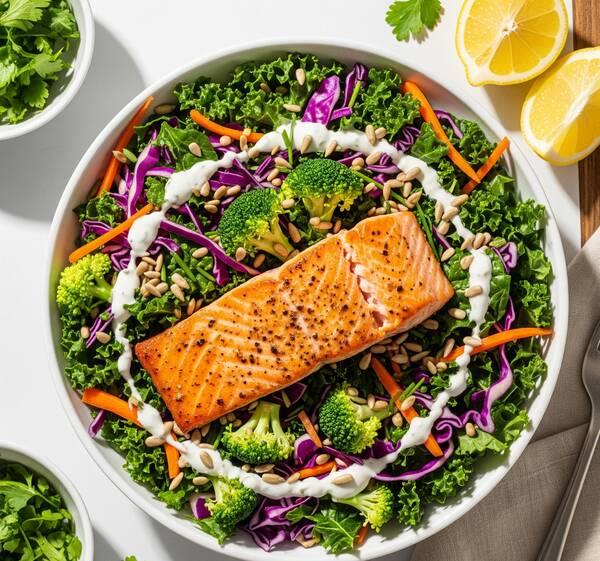 Low Sodium Superfood Salad with Salmon & Creamy Garlic Dressing (DASH Diet Approved!)