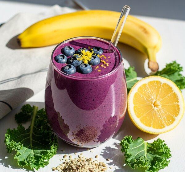 Refreshing Low Sodium Smoothie with Kale, Blueberries & Lemon (DASH Diet Inspired)
