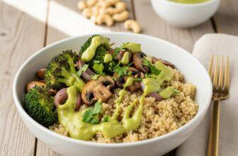 Vegan Cashew Sauce Quinoa Bowl with Mushrooms & Broccoli – Heart-Healthy & Low Sodium
