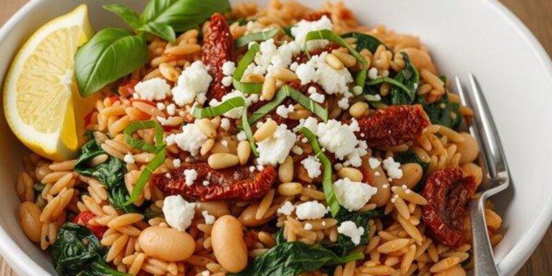 Low Sodium Orzo Skillet with White Beans & Feta (DASH Diet Approved!)