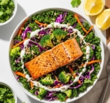 Low Sodium Superfood Salad with Salmon & Creamy Garlic Dressing (DASH Diet Approved!)