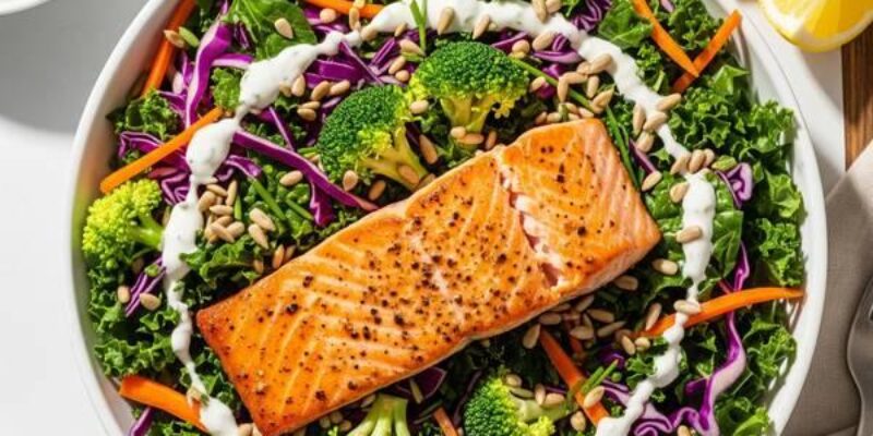 Low Sodium Superfood Salad with Salmon & Creamy Garlic Dressing (DASH Diet Approved!)