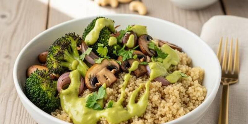 Vegan Cashew Sauce Quinoa Bowl with Mushrooms & Broccoli – Heart-Healthy & Low Sodium